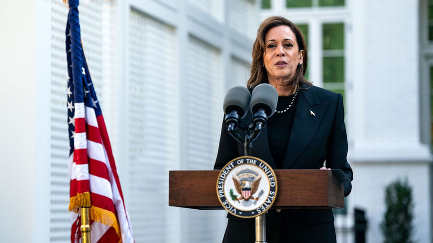 Vice President Kamala Harris speaks before planting a pomegranate tree at the Vice President's residence at the US Naval Observatory on Oct. 7, 2024 in Washington, DC. 